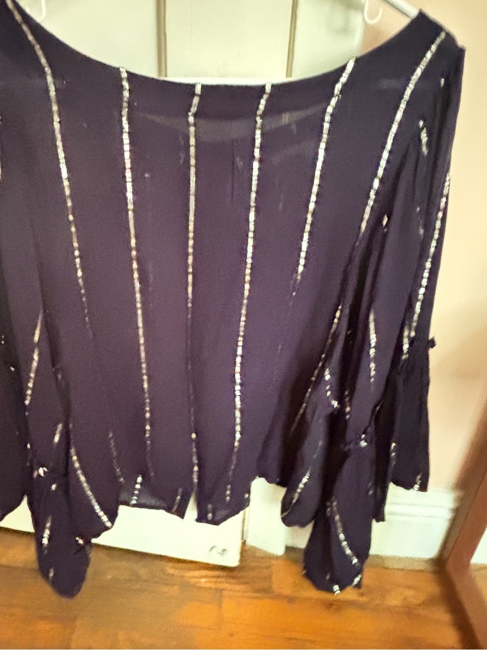 Chic boho looseNavy Top with Vertical Metallic Stripes